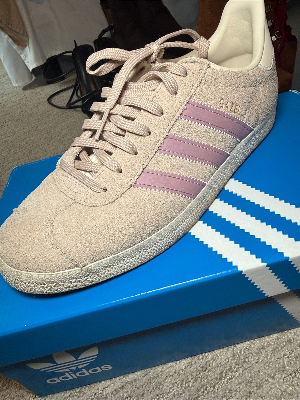 adidas Women’s Suede Sneaker in Light Pink with Pastel Pink Stripes